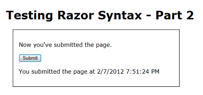 Screenshot della pagina Test Razor 2 in esecuzione nel Web browser con un messaggio di timestamp che mostra dopo l'invio della pagina.