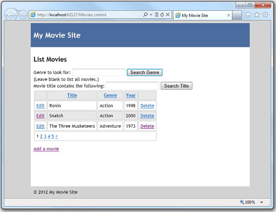 Pagina film di cui è stato eseguito il rendering usando un layout