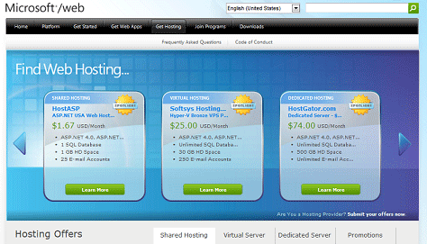 Screenshot della pagina Microsoft Find Web Hosting che mostra un elenco di provider di hosting che supportano A S P dot Net.
