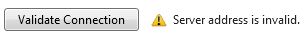 Screenshot del pulsante Convalida connessione con un'icona di avviso giallo con un messaggio di errore corrispondente all'errore.