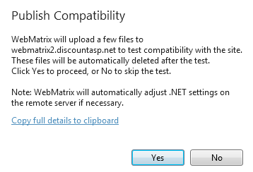 Screenshot della finestra di dialogo Pubblica compatibilità con un messaggio che illustra il test di compatibilità del sito che richiede di selezionare il pulsante Sì per procedere.