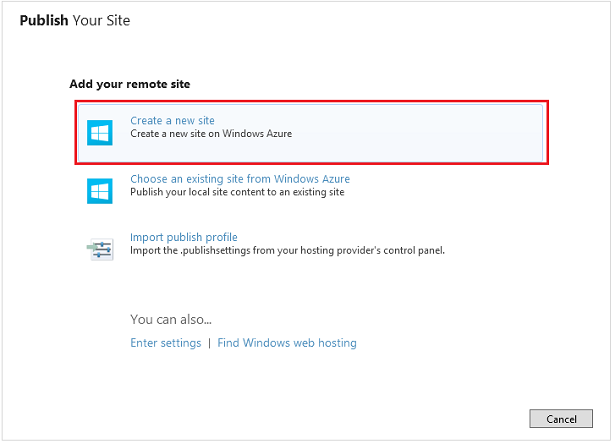 Screenshot della finestra di dialogo Pubblica sito che mostra l'opzione Crea un nuovo sito evidenziata con un rettangolo rosso.