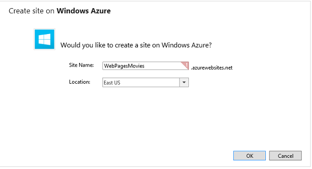 Screenshot della finestra Crea sito in Windows Azure che mostra che il nome predefinito non è disponibile come indicato dal punto esclamativo rosso.