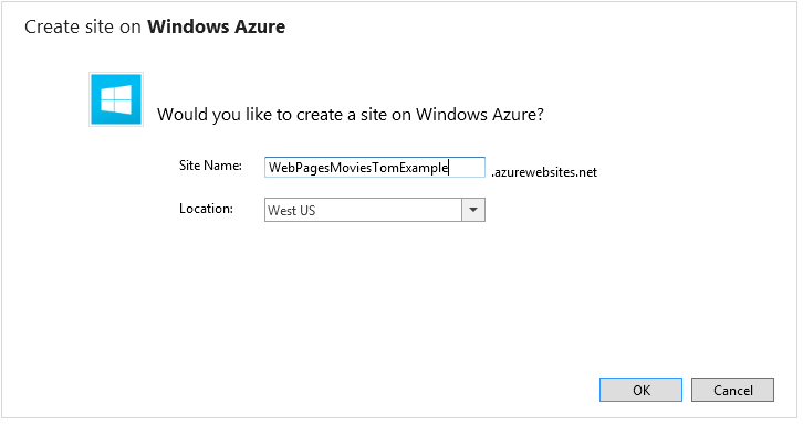 Screenshot della finestra Crea sito in Windows Azure che mostra il nome del sito modificato nel campo Nome sito.