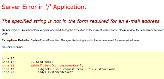 ASP.NET messaggio di errore quando si verifica un problema con il messaggio di posta elettronica