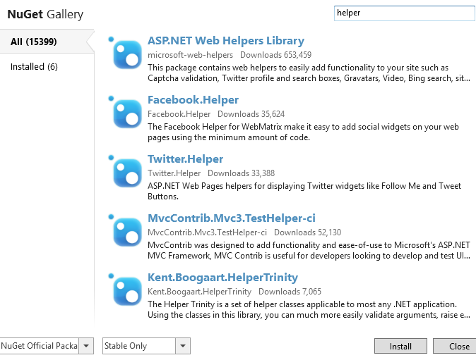 Screenshot che mostra la finestra di dialogo Raccolta NuGet in WebMatrix.