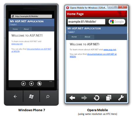 Screenshot di due applicazioni Web Forms per dispositivi mobili visualizzate in Windows Phone 7 e Opera Mobile.