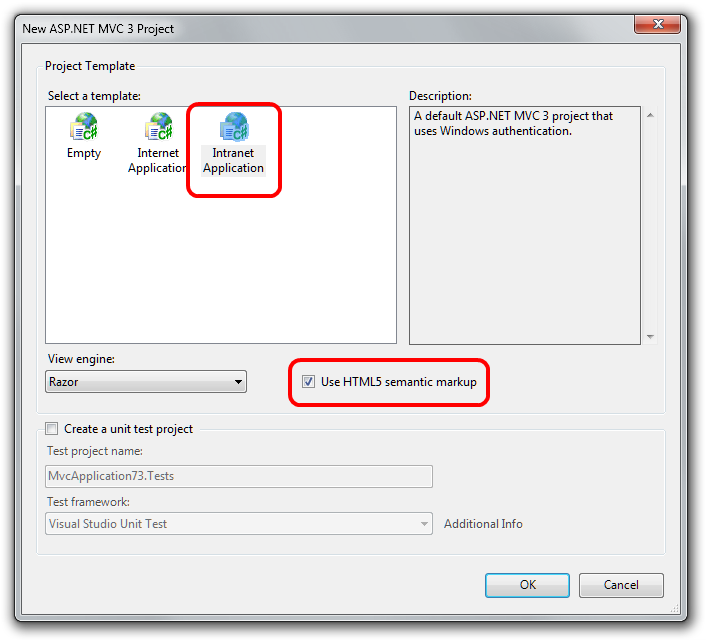 Screenshot della finestra di dialogo nuovo progetto. L'icona dell'applicazione Intranet e la casella di controllo Usa markup semantico H T M L 5 sono evidenziati.