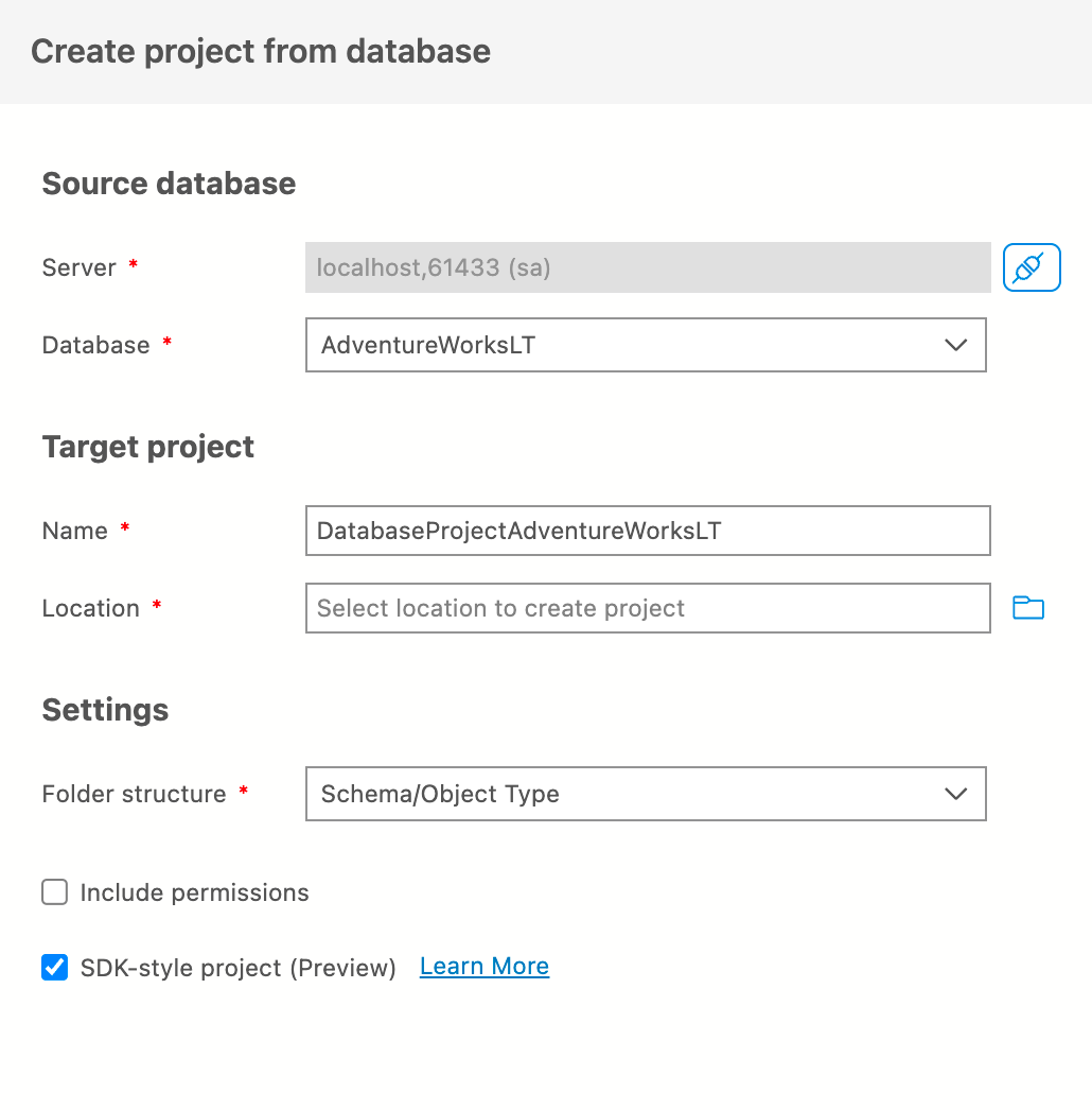 Screenshot della finestra di dialogo Crea progetto dalla finestra di dialogo Database.