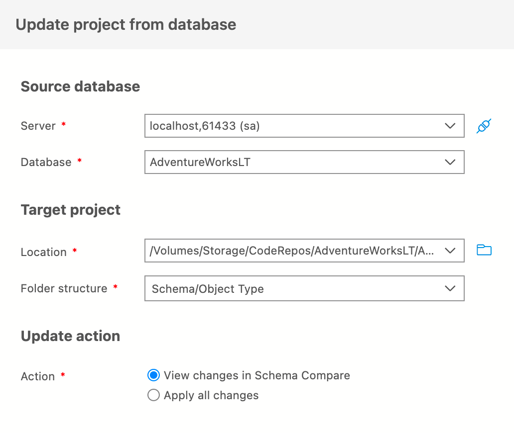 Screenshot del progetto di aggiornamento dalla finestra di dialogo Database.