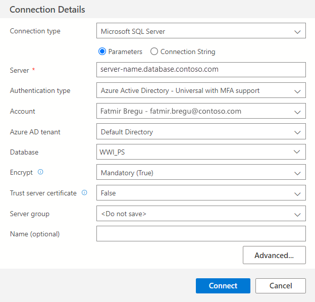 Screenshot della schermata Configura connessione Azure.