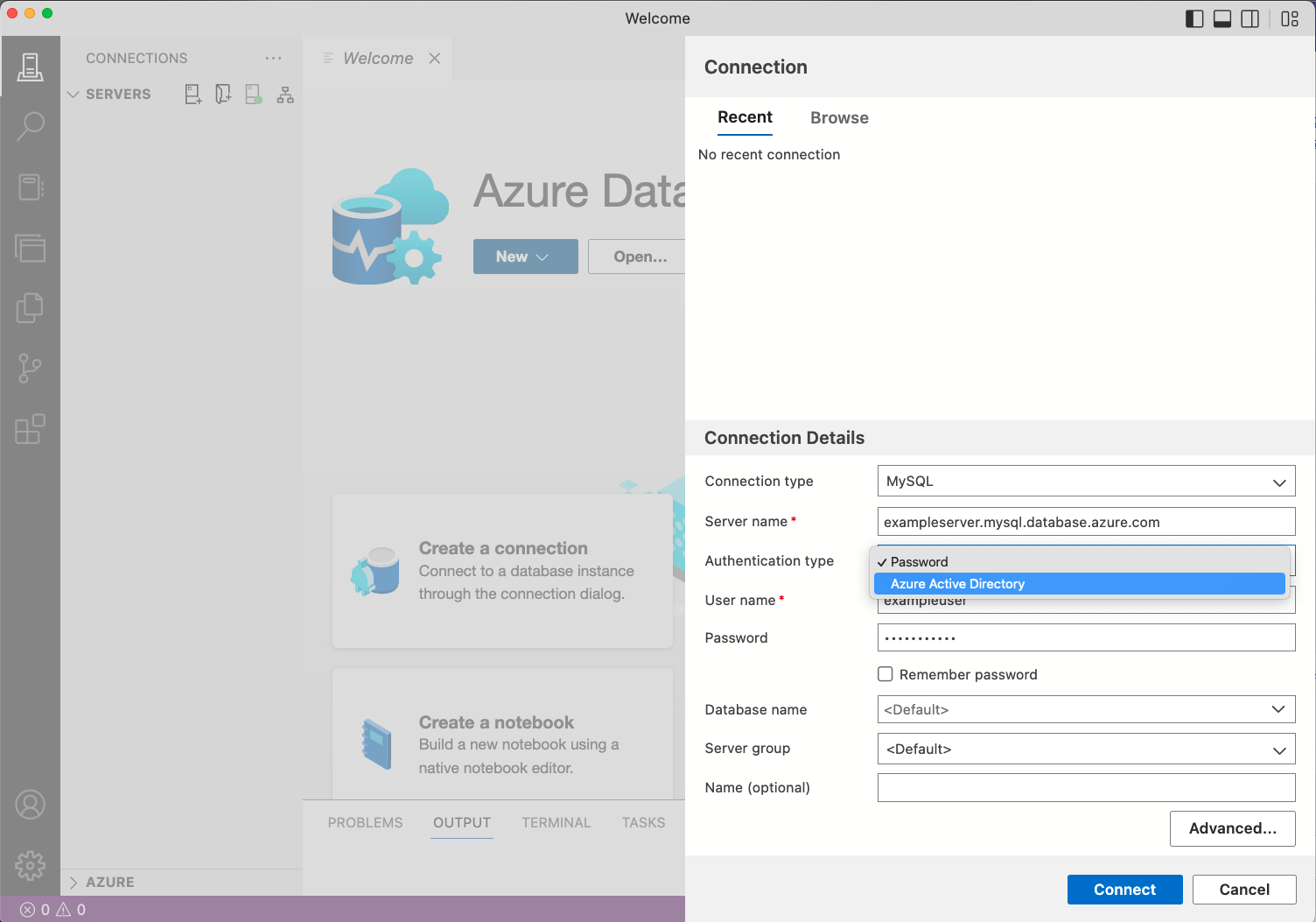 Screenshot della nuova schermata di connessione per connettersi al server MySQL.