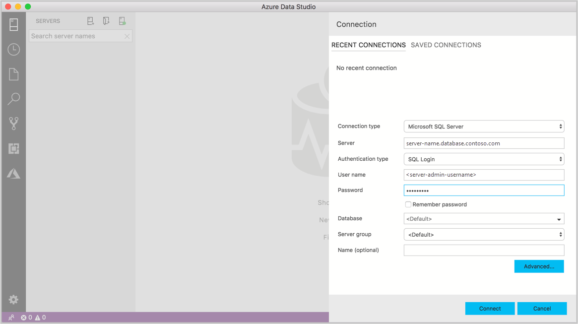 Screenshot della pagina Azure Data Studio - Connessione.