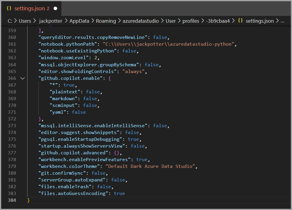 Screenshot delle impostazioni JSON aperte nella finestra dell'editor di file in Azure Data Studio.