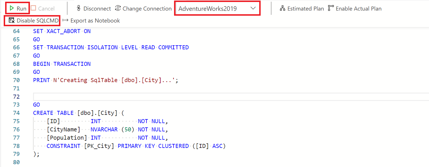 Screenshot di Progettazione tabelle che mostra come pubblicare modifiche al database nell’Editor di query usando l’opzione CMD SQL.