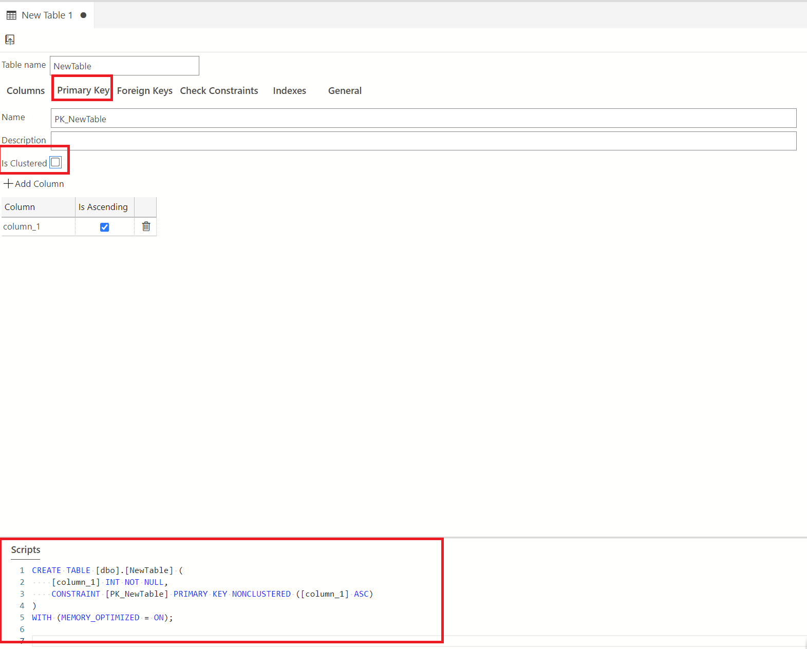 Screenshot della finestra Progettazione tabelle che mostra come creare una tabella ottimizzata per la memoria con una chiave primaria non cluster.