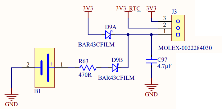 Circuito della batteria RTC consigliato da MediaTek dalla guida alla progettazione hardware di MT3620 