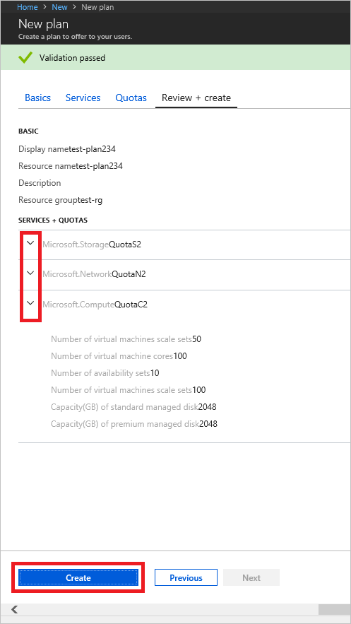 Screenshot che mostra come creare il piano nell'hub di Azure Stack.