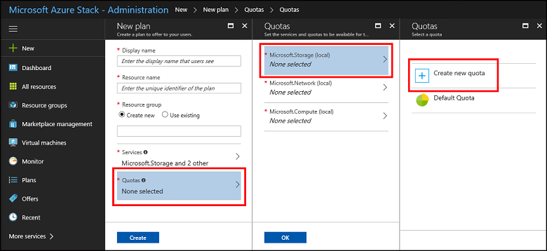 Specificare le quote per il nuovo piano nell'hub di Azure Stack