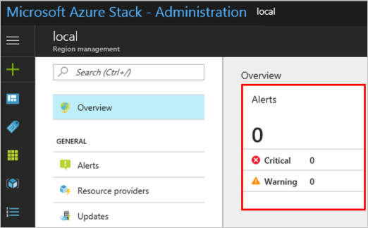 riquadro Avvisi che mostra un avviso nel portale di amministrazione dell'hub di Azure Stack