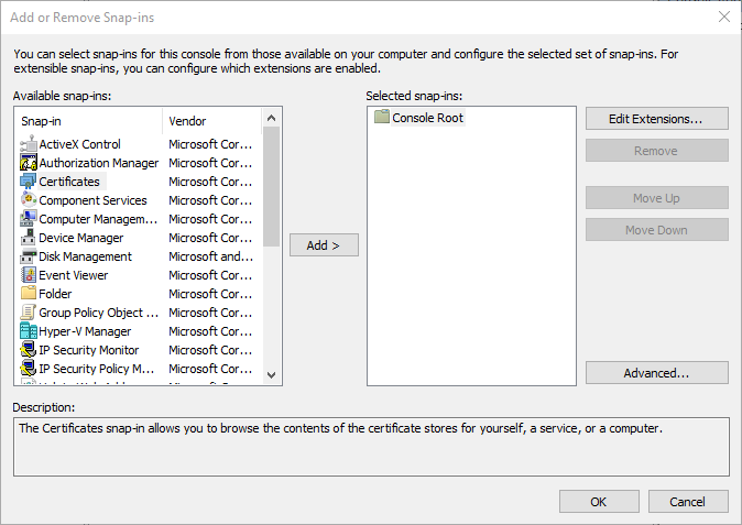 aggiungi snap-in certificati in Microsoft Management Console