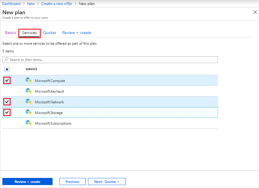 Screenshot che mostra i servizi di piano nel portale di amministrazione dell'hub di Azure Stack.