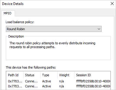 La pagina MPIO della finestra di dialogo Dettagli dispositivi mostra Round Robin per il criterio di bilanciamento del carico ed elenca due dispositivi.