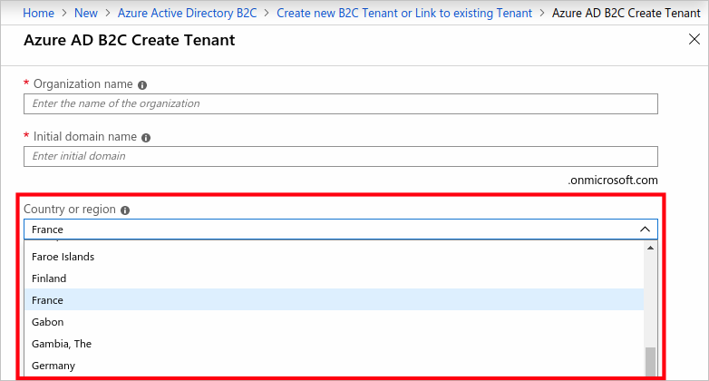 Screenshot di un modulo Crea tenant, scegliendo il paese o l'area geografica.