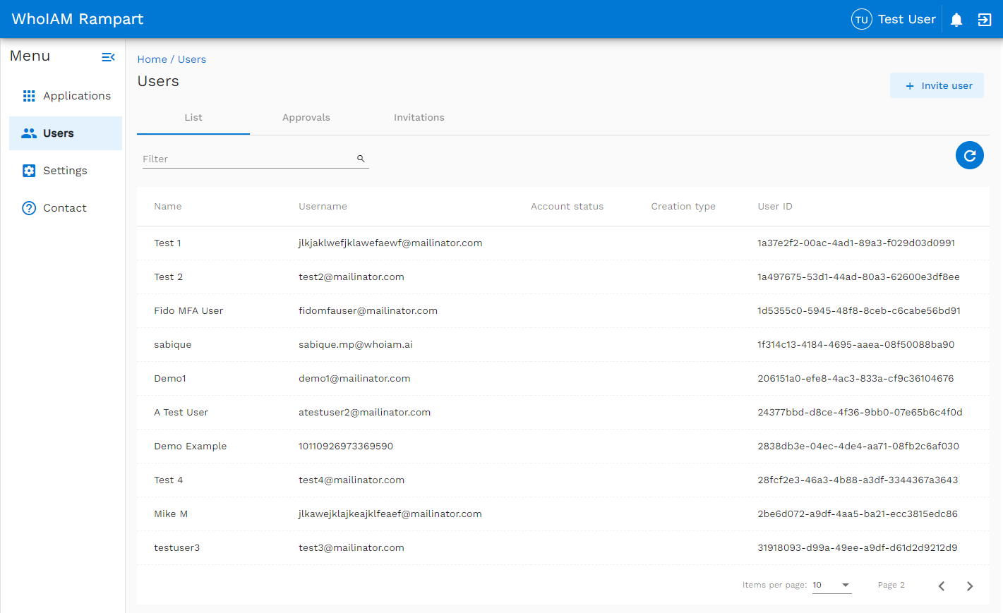 Screenshot dell'elenco utenti WhoIAM Rampart nel tenant di Azure AD B2C.