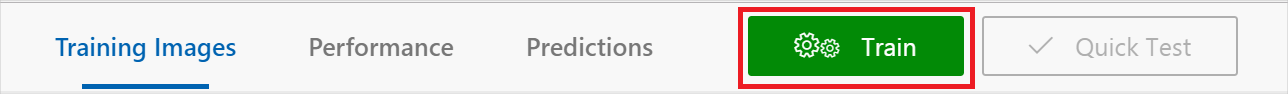 Screenshot del pulsante Train (Training) nella parte superiore destra della barra degli strumenti dell'intestazione della pagina Web.