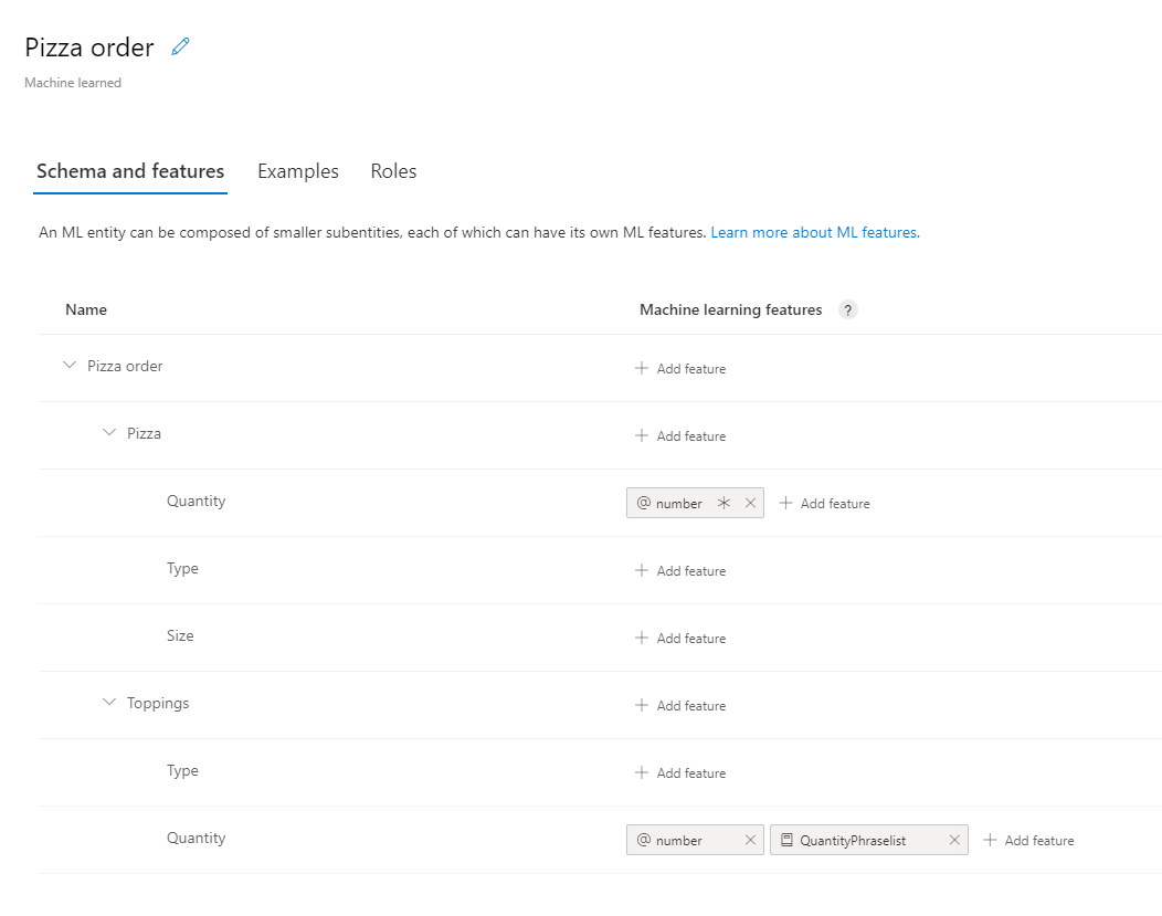 Screenshot parziale del portale che mostra l'entità creata, un'entità di Machine Learning con le sottoentità e le funzionalità applicate alle sottoentità 'Quantity'.