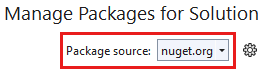 Screenshot che mostra la finestra di dialogo Gestisci i pacchetti NuGet per la soluzione con la scheda Sfoglia, la casella di ricerca e l'origine pacchetto evidenziate.