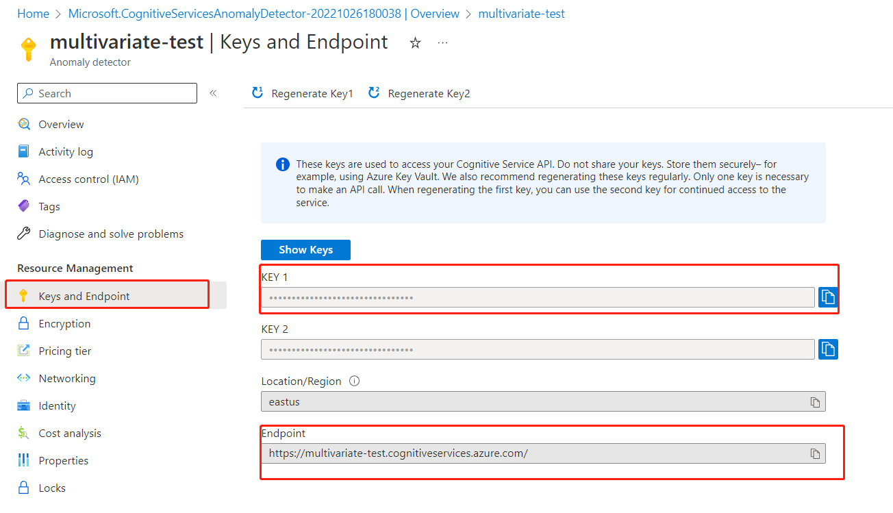 Screenshot dell'esperienza utente di copia di chiave ed endpoint