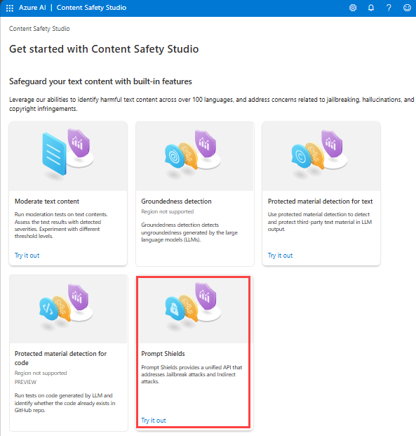 Screenshot di Content Safety Studio con il pannello Prompt Shields selezionato.