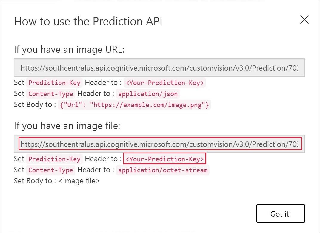 Screenshot della scheda prestazioni con un rettangolo rosso che circonda il valore dell'URL di stima per l'uso di un file di immagine e del valore Prediction-Key.