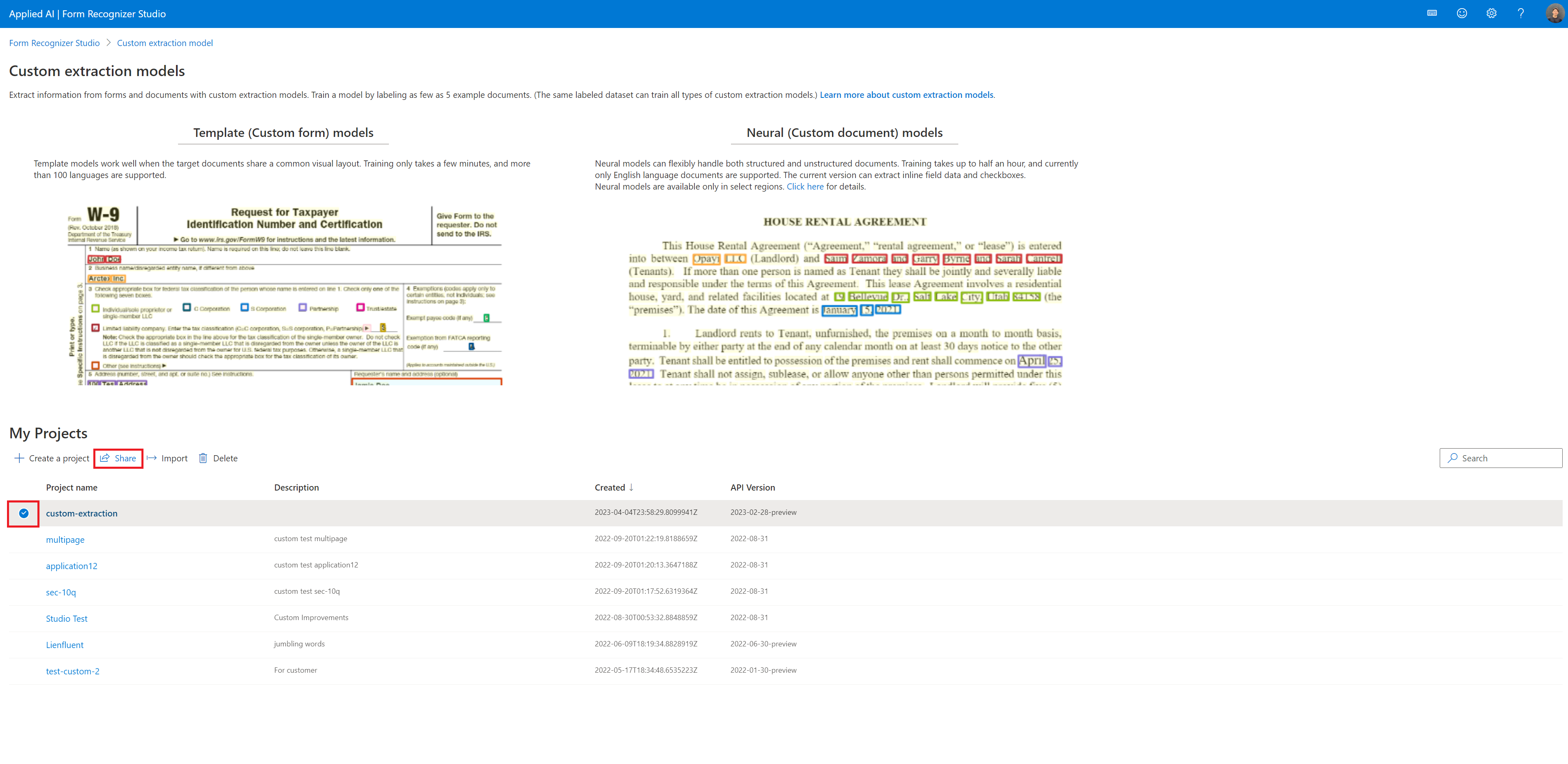 Screenshot che mostra come selezionare il modello desiderato e l'opzione di condivisione.