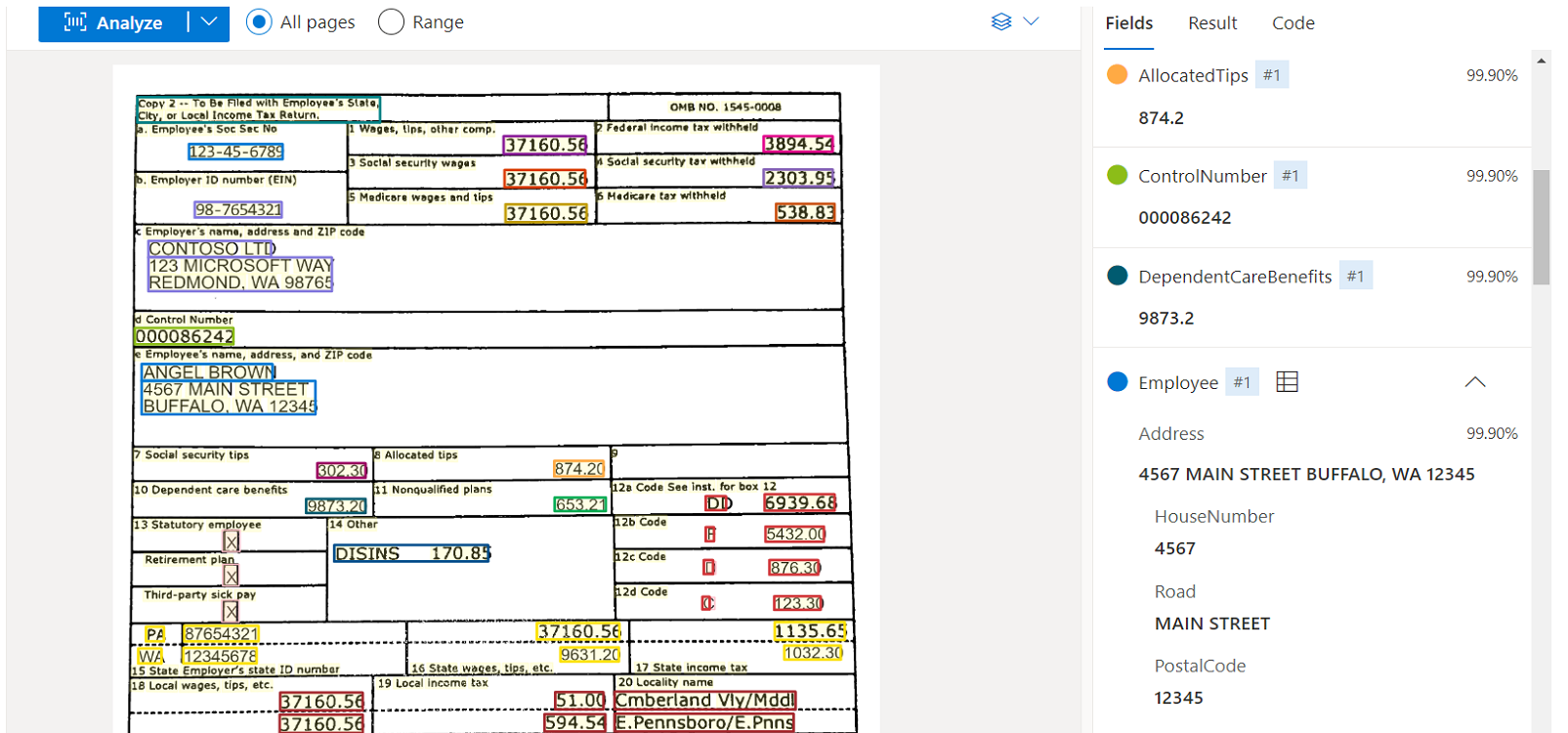 Screenshot dell'analisi del modello W-2 con Document Intelligence Studio.