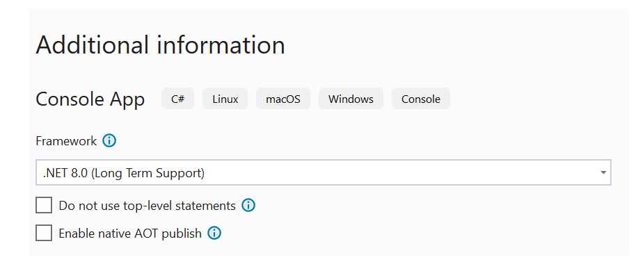 Screenshot della pagina Informazioni aggiuntive di Visual Studio.