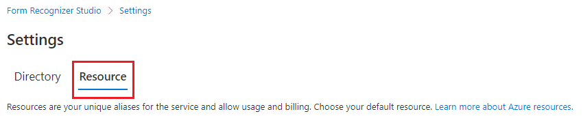 Screenshot della scheda della risorsa della pagina delle impostazioni di Studio.