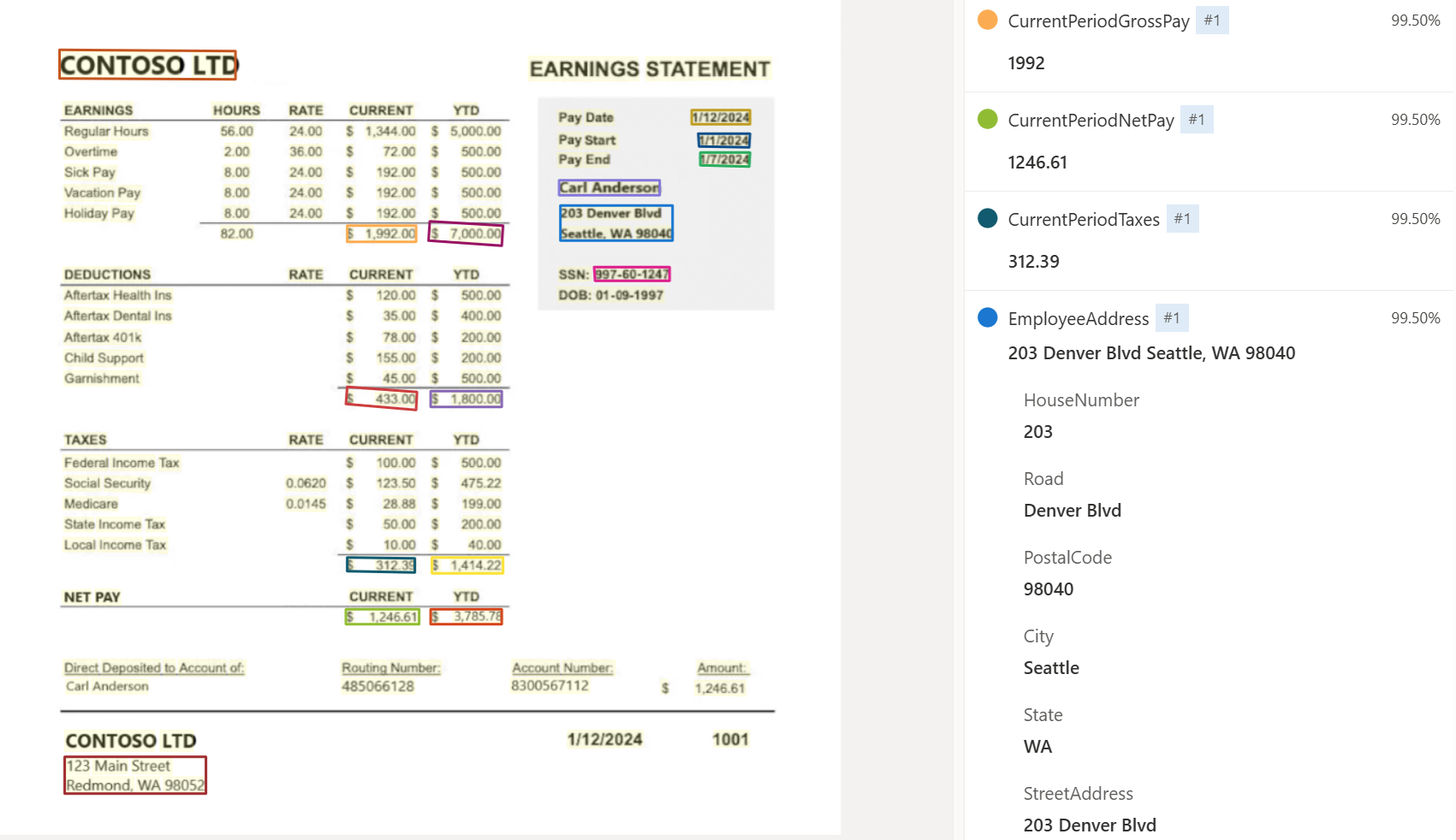 Screenshot dell'analisi del modello di bozza di pagamento con Document Intelligence Studio.