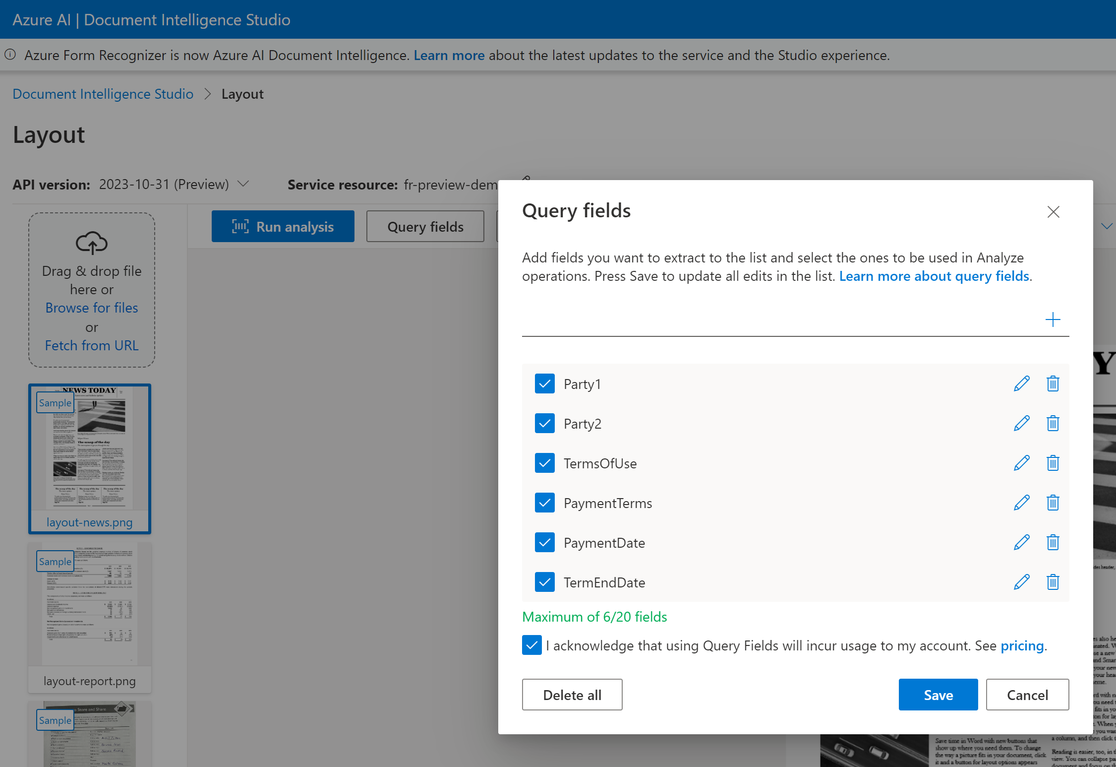 Screenshot della finestra di selezione dei campi di query in Document Intelligence Studio.