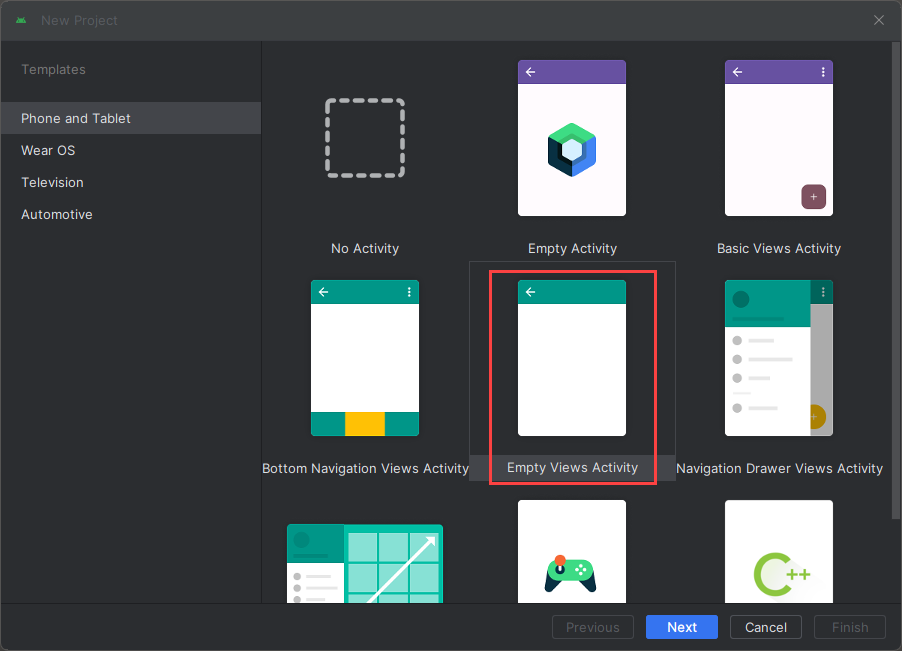 Screenshot della finestra Modelli in Android Studio.