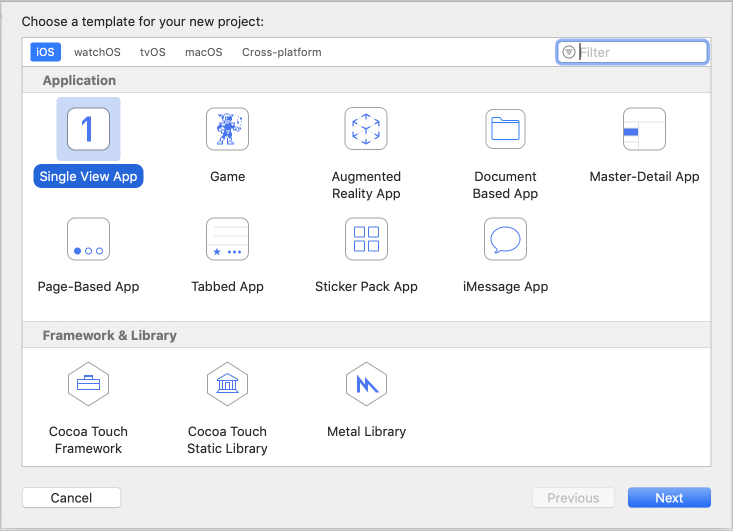 Screenshot della raccolta modelli per selezionare un'app a visualizzazione singola.