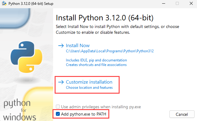 Screenshot della casella di controllo Installa Python passaggio 1 con la casella di controllo Aggiungi Python a Path.