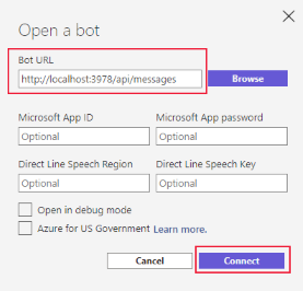 Screenshot delle impostazioni di apertura del bot di Bot Framework Emulator.