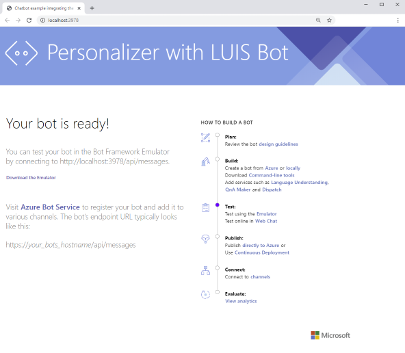 Screenshot del browser che visualizza il sito Web del chatbot.