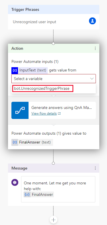 Screenshot parziale dell'area di disegno della conversazione dell'argomento di Power Virtual Agents con la selezione della variabile di input.