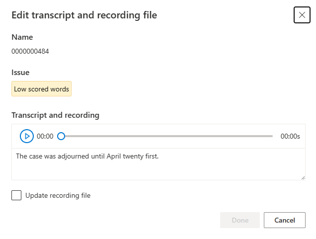 Screenshot della visualizzazione della finestra Modifica il file di trascrizione e registrazione.