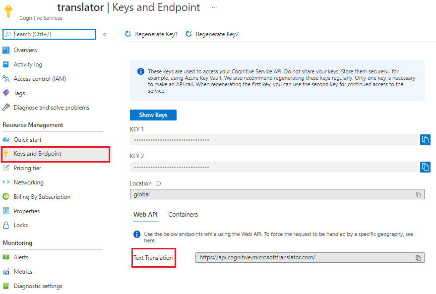 Screenshot: pagina delle chiavi e dell'endpoint del portale di Azure.