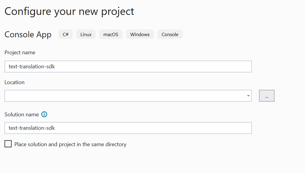 Screenshot of Visual Studio 2022 configure new project set-up window.